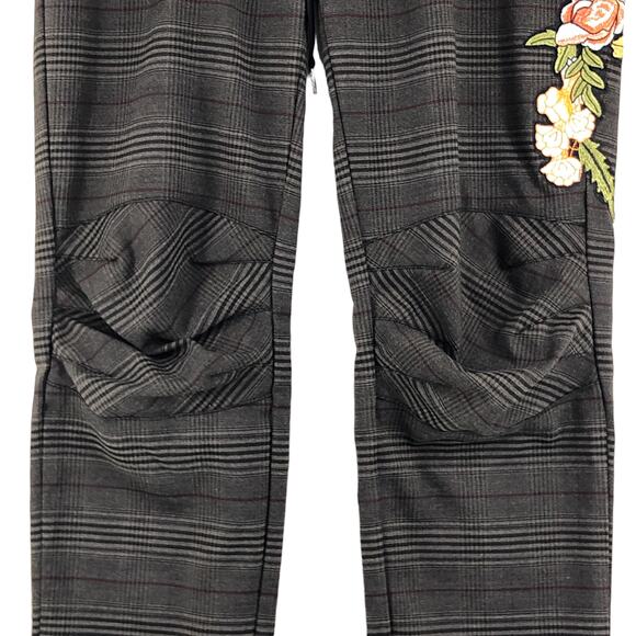 BYE Womens Size M Pants Plaid Floral Applique Stretch Brown Made in Italy - Picture 3 of 12